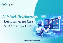 AI in Web Development: How Businesses Can Use AI to Grow Faster AI in web development illustration showing artificial intelligence optimizing websites, automation, analytics, and business growth by Codezion Softwares